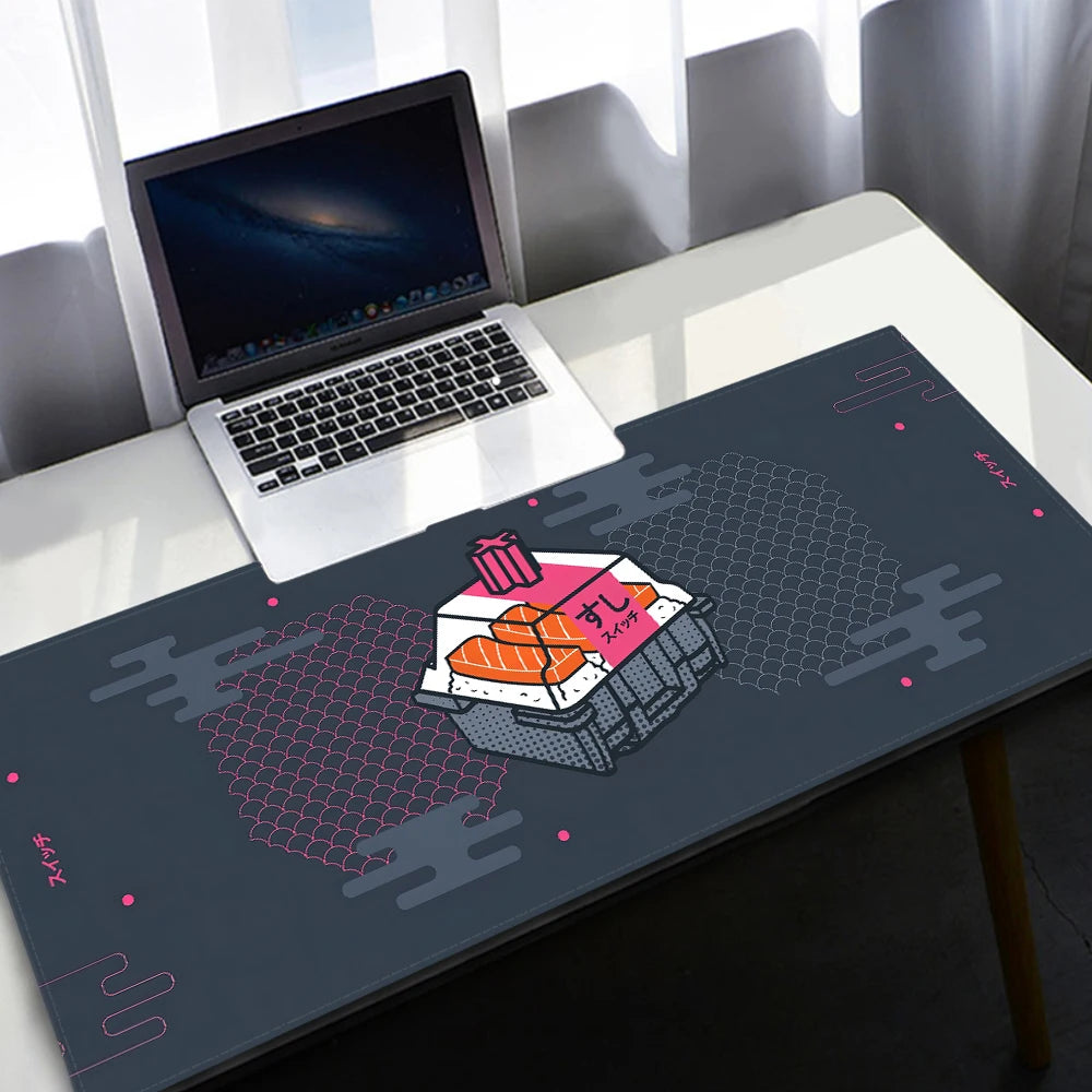 Large Kawaii Grey Gaming Mouse Pad Non Slip Rubber Stitched Edge Desk Mat For PC Laptop Office Dorm Switch Keyboard Gamer Gift