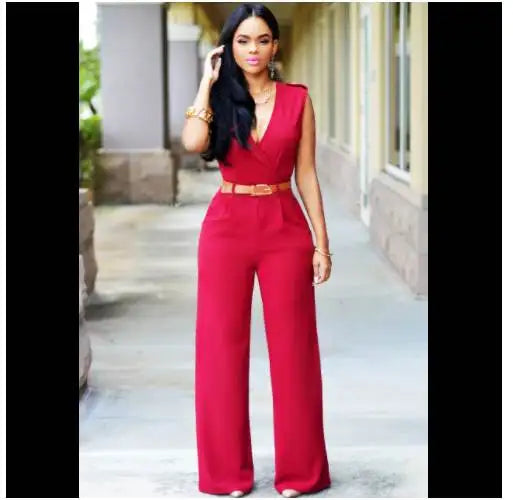 Summer Women's Jumpsuit Wide Leg Pants V-Neck One-Piece Suit with Belt Casual Fashionable Ladies' All-In-One Clothing