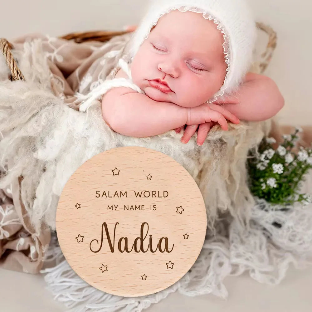Personalised Custom Salam World Islamic Muslim Newborn Boy Girl Wooden Milestone Card Welcome To World Baby Shower Birth Gifts