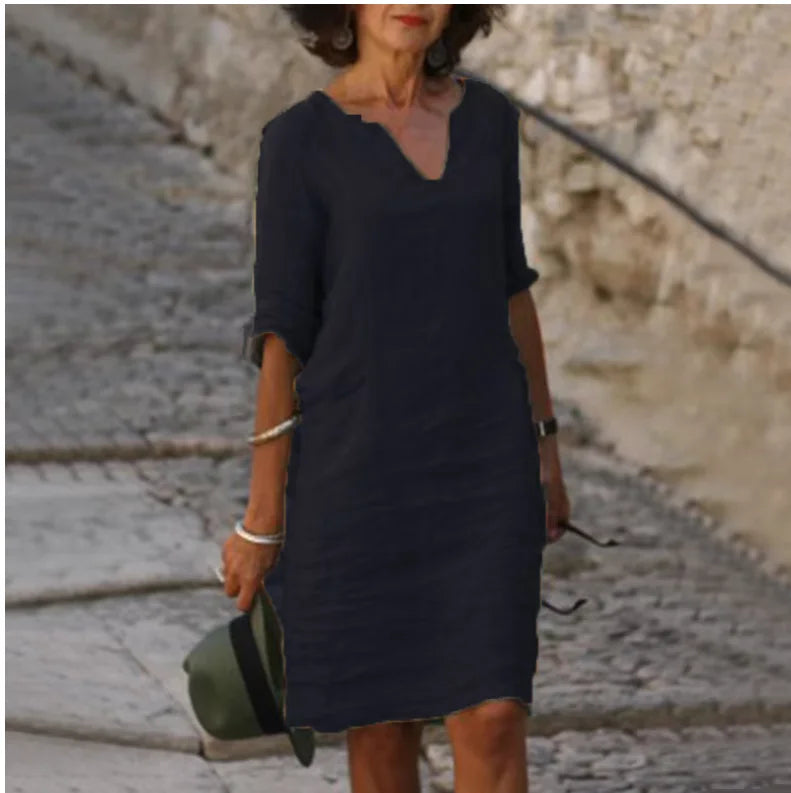 Vintage Women Solid Mini Dress Summer Fashion V-neck Three Quater Sleeve Cotton Linen Dress Ladies Casual Holiday Vestidos