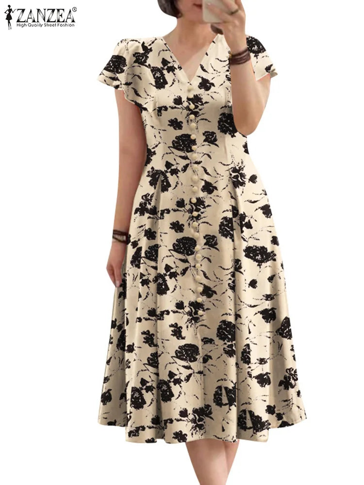 Bohemain Floral Dress ZANZEA Summer Holiday Vestidos Women Elegant V Neck Short Sleeve Sundress Fashion Casual Buttons Midi Robe