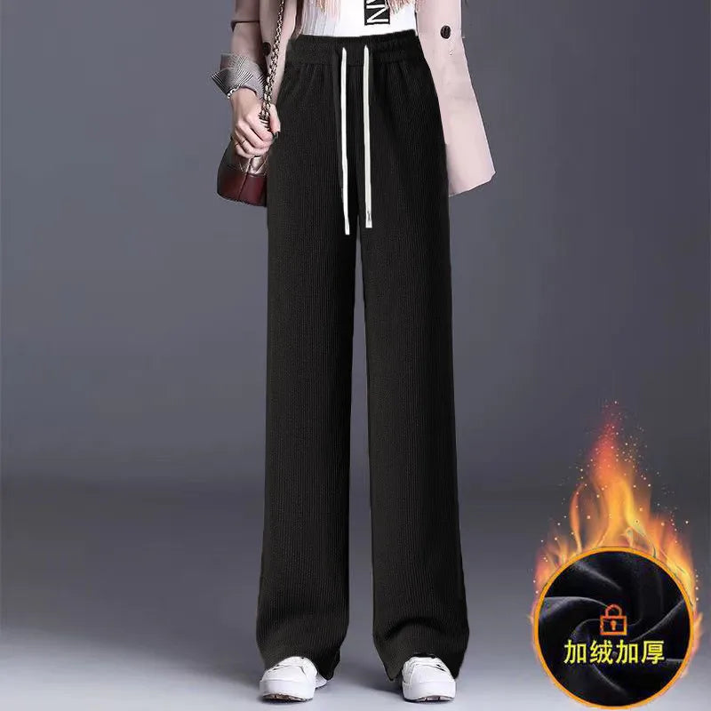 Thickened Fleece Wide Leg Pants Women's Casual Straight Cut Velvet Slimming Versatile Autumn Winter Fashion High Waist Trousers