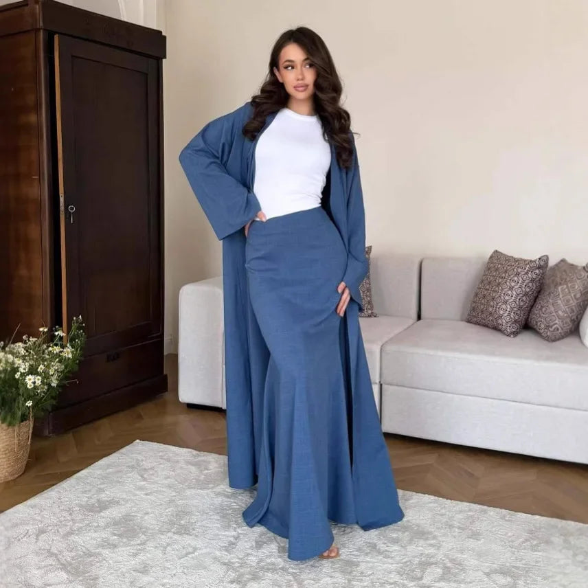 Fashionable Long Cotton Linen Skirt Robe Set Women's Cross-Border Casual Style New Arrival Two-Piece Set Elegant Floor-Length Ca