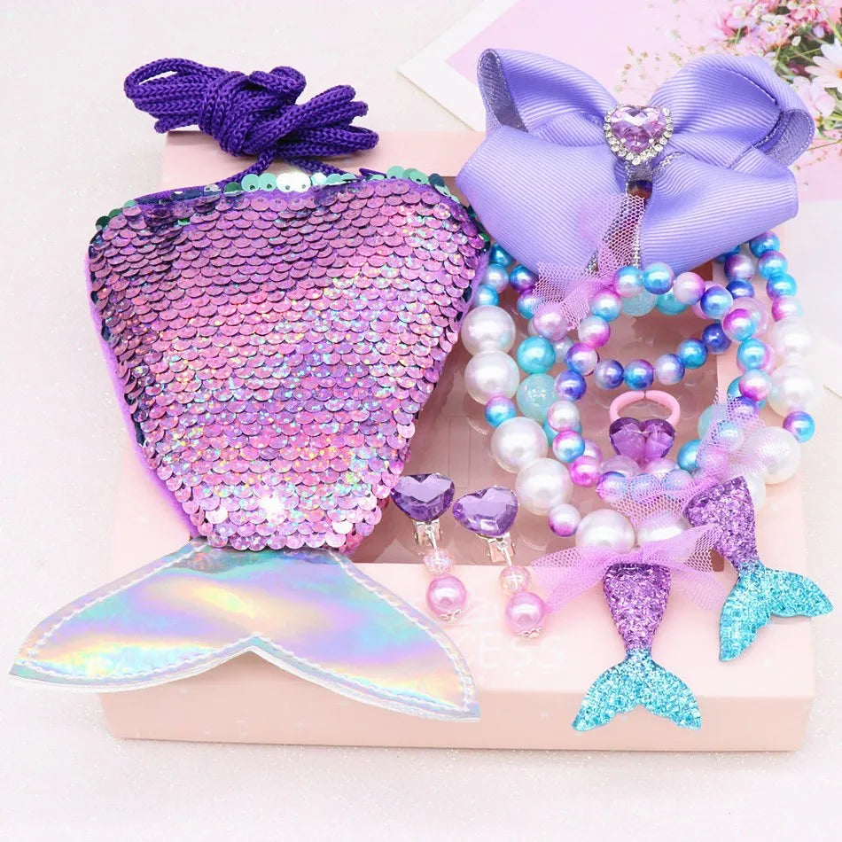 Girl Little Mermaid Party Accessories Necklace Ring Earring Bracelet Kids Toy Children Birthday Gift Magic Sequin Purse Headband