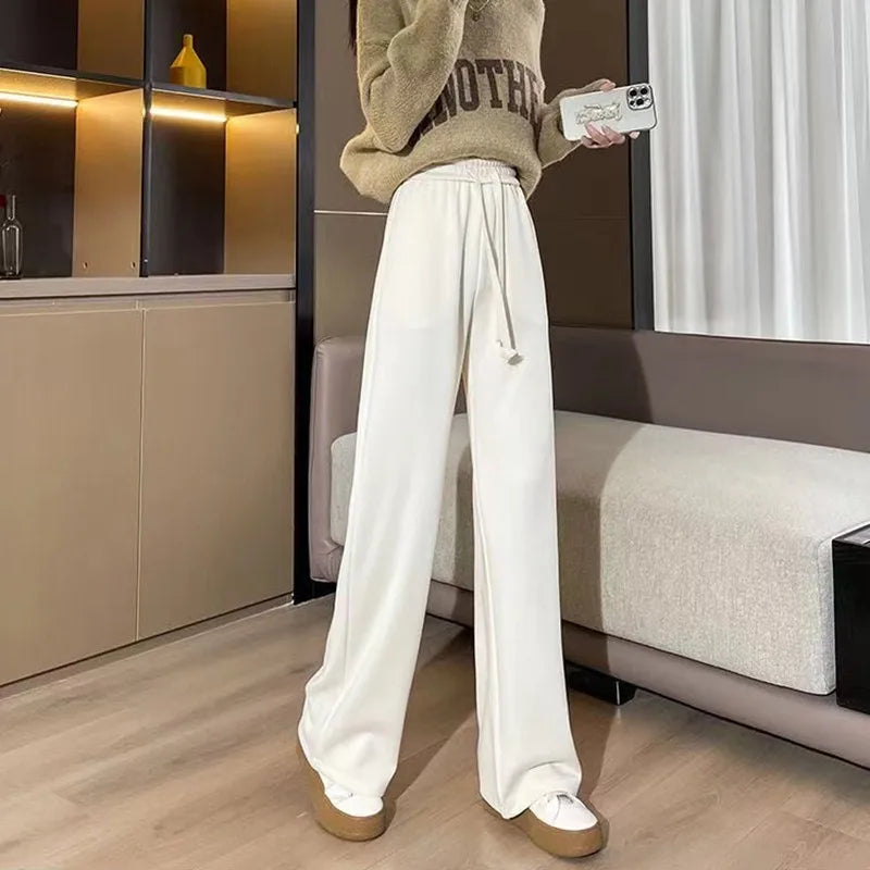 Women's High Waist Fleece Lined Corduroy Wide Leg Pants Thickened Casual Sports Straight Long Trousers Autumn Winter Fashion