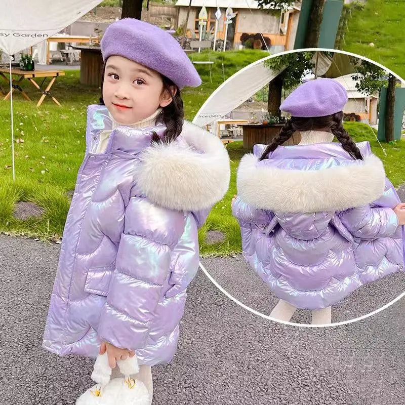 2026 Winter Coats Girls Warm Long Down Jackets Kids Fashion Unicorn Shiny Waterproof Parka Children Fur Collar Hooded Outerwear
