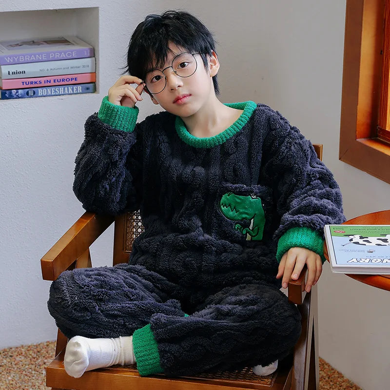 Flannel Pajamas For Boy Flannel Warm Pyjamas Kids Thicken Cartoon Teens Sleepwear Cute Big Boys Girls Night Clothes 10 12 14 16Y