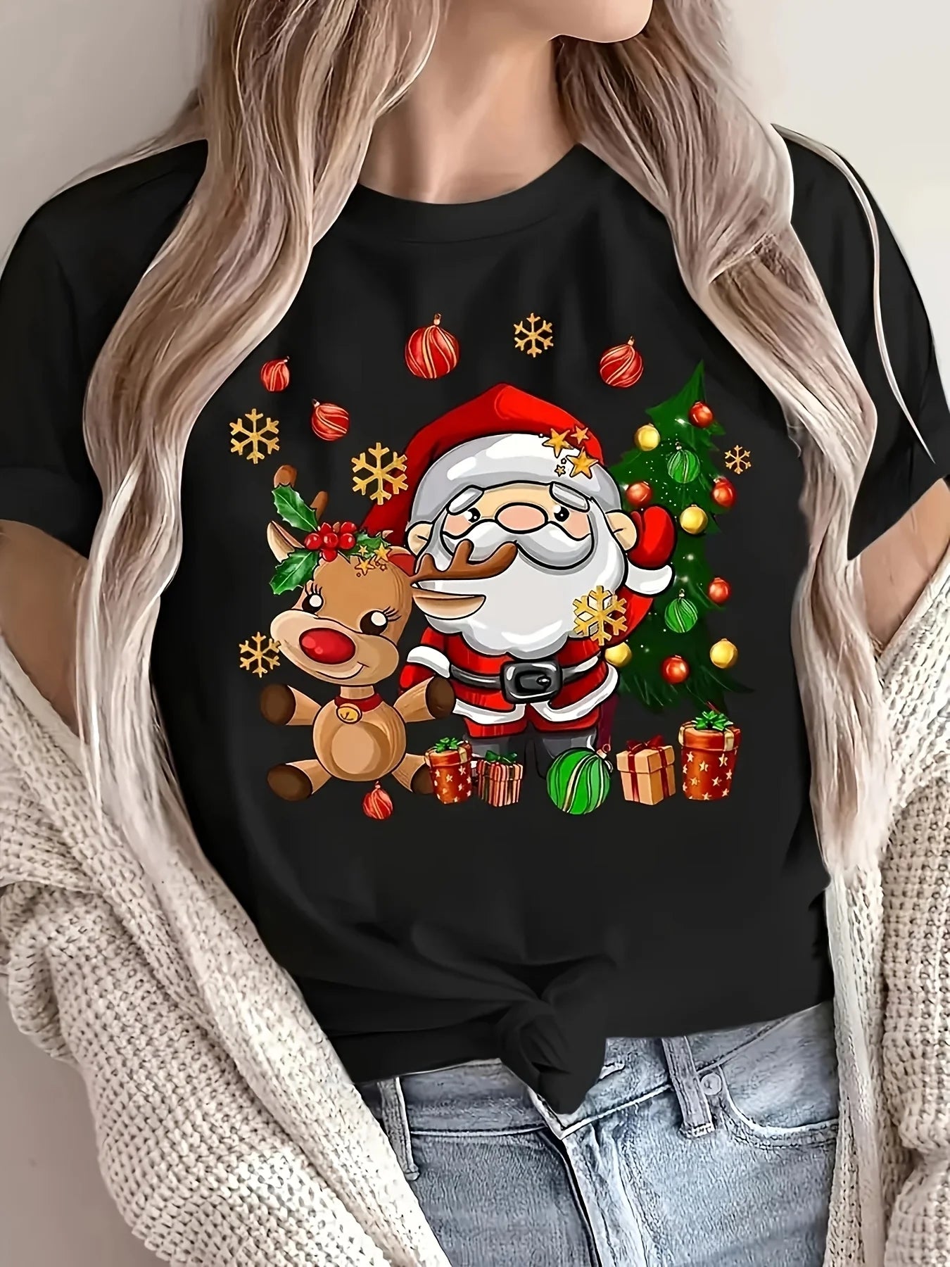 2025 Christmas Santa and Reindeer Print Crew Neck T-Shirt Harajuku Sleeve Women's T-shirt Clothing Street Tees Aesthetic Tops