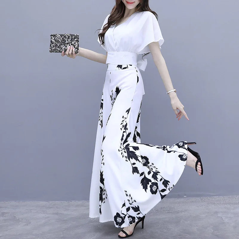 2024 Summer Commuting Fashion Loose Versatile Chiffon Solid Short Sleeved High Waist Wide Leg Printed Panel Women's Flare Pants