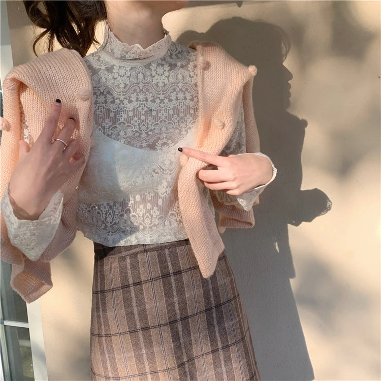 Elegant Long Sleeve Lace Base Shirt Women's Fashionable Inner Wear Premium Quality Comfortable Viscose Fabric Korean Style