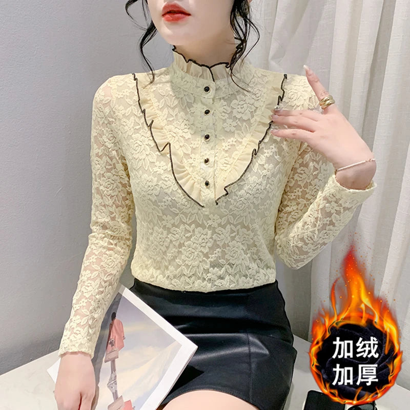 Fleece Lined Lace Long Sleeve Half High Collar Base Shirt Women's Sexy Mesh Top Slimming Versatile Korean Style Commute Wind