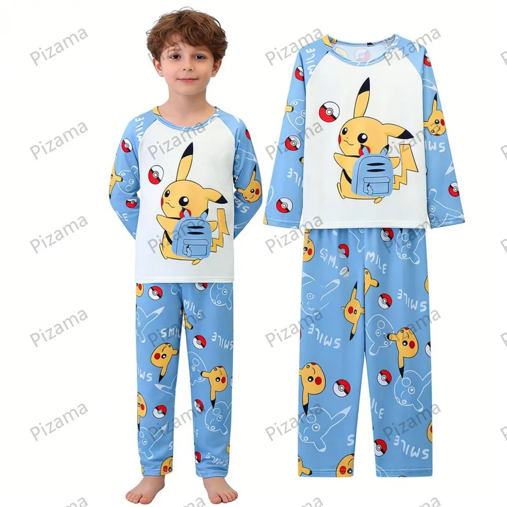 Full Sleeve Pokemon Anime Pikachu Children's Cartoon Pajamas Sets Teenager Home Clothes Kid Pyjamas Boy Sleepwear Adult Pyjamas
