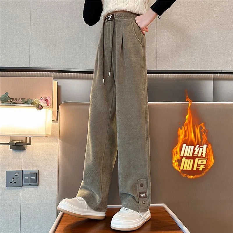 Girls Padded Wide-Legged Pants Kids Plus Velvet Warm Trousers Teen High Waist Streetwear Baggy Pant Children Loose Straight Pant