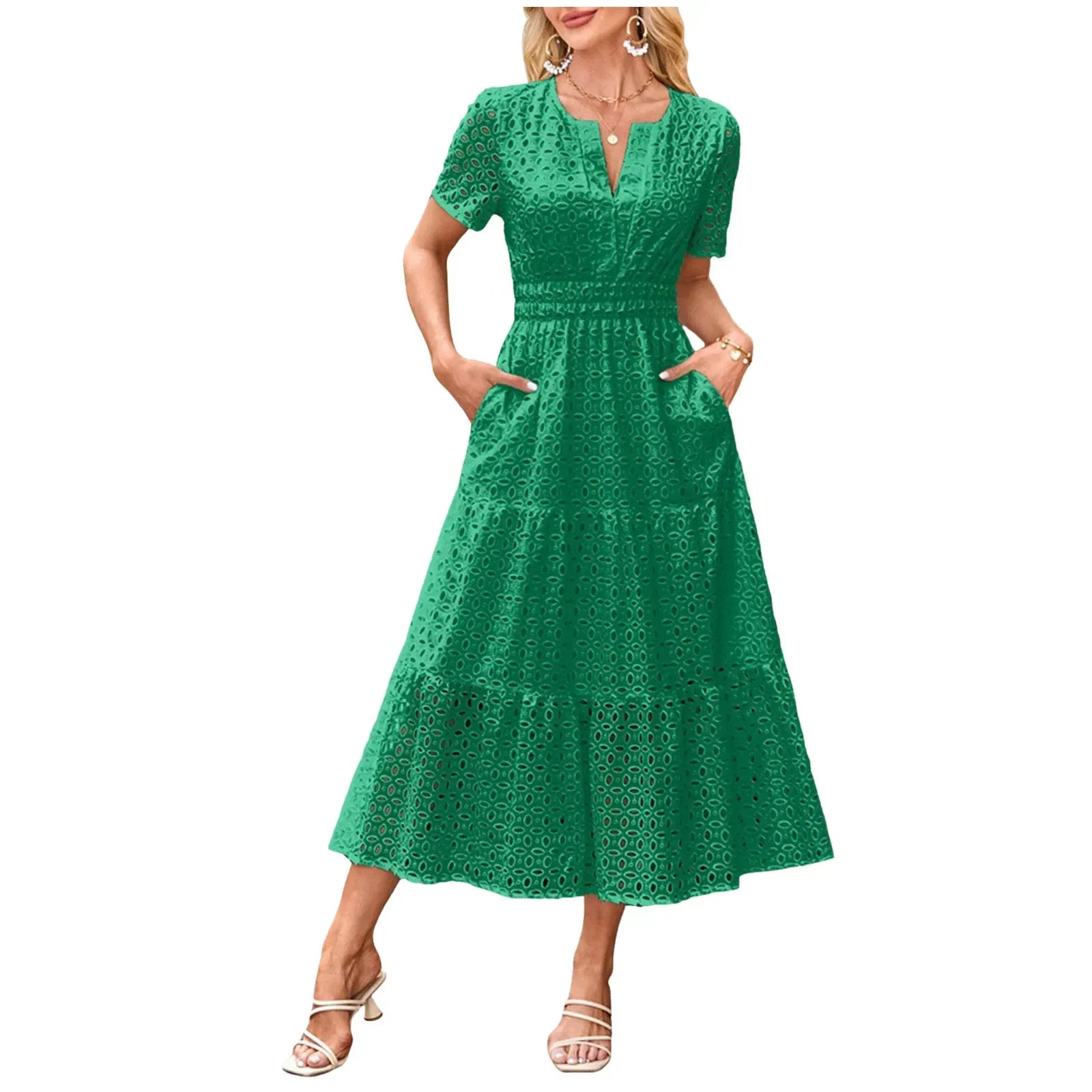 Summer New Women Short Sleeved Long Dress Trendy V-Neck Hollow Eyelets Ruffle Hem A-Line Dresses Pockets Female Vestidos