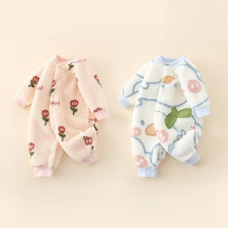 2026 Boys Girls Winter Spring Jumpsuit 0-24M Newborn Fleece Lined Long Sleeve Onesie Infant Cartoon Print Soft Warm Baby Romper