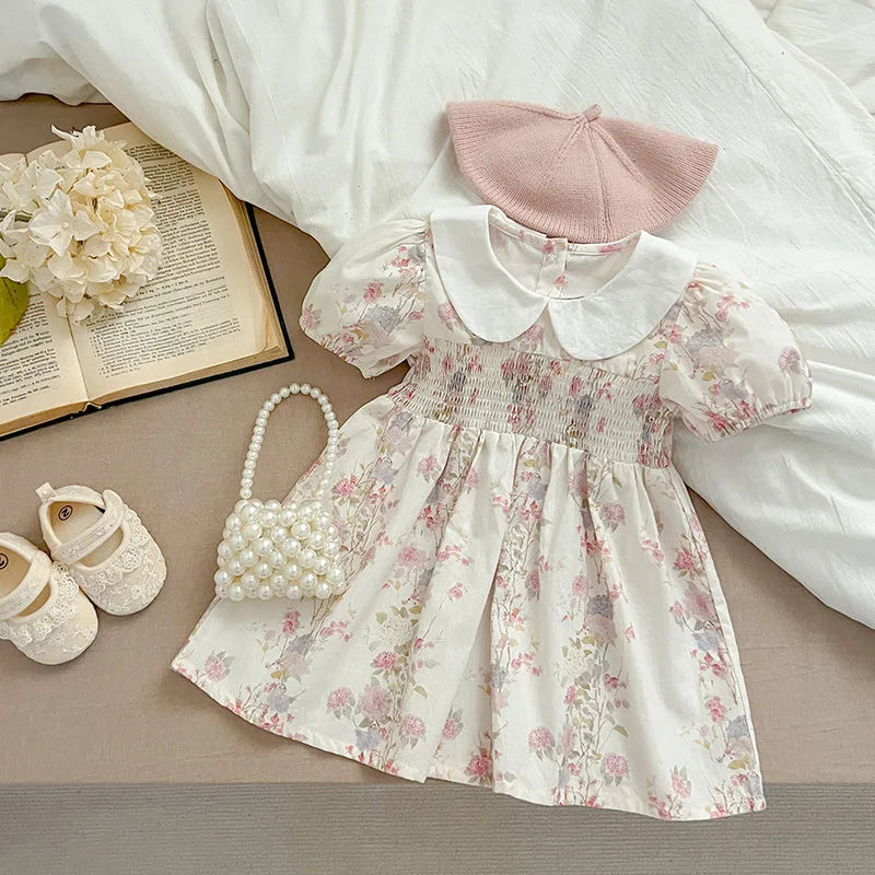 Baby Girl Dress Summer New Doll Collar Pink Print  Puff Short Sleeve Fashion Princess Dress Toddler Cotton Casual Party Clothes