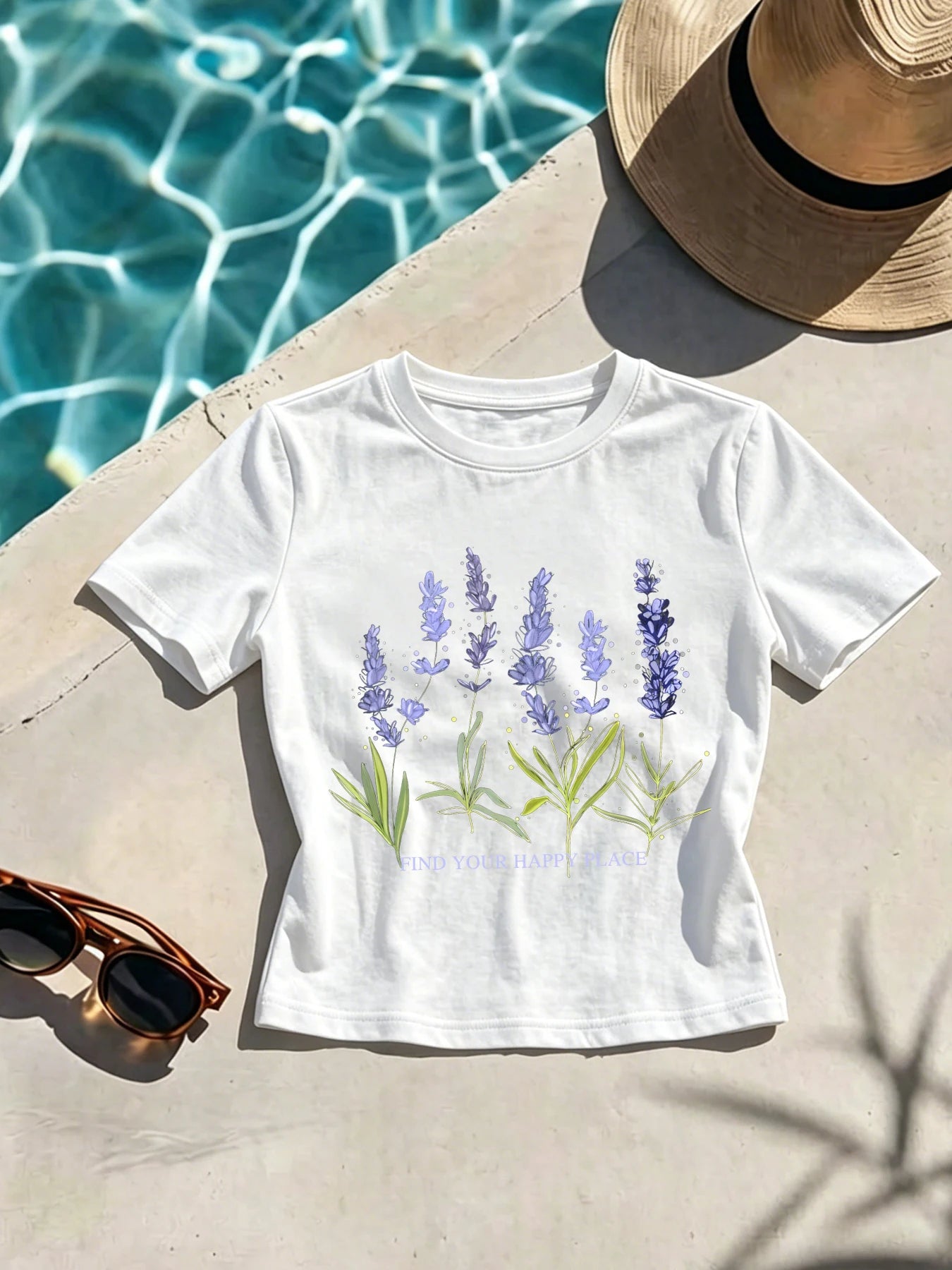 Beautiful Of Lavender Print Slim T Shirts Women Summer All-Match T-Shirts Female Fashion Crop Short Sleeve Casual Slim Clothing