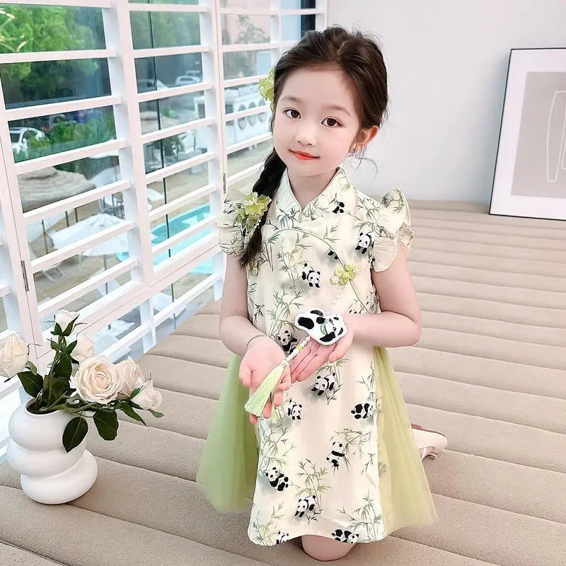 2026 Chinese summer panda girls Clothes retro teens lace hanfu qipao mesh Child Princess flower Dress 5 6 7 8 9 10 12 new year