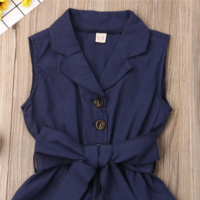 1-6years Baby Girl Sleeveless Romper Solid Navy Blue Beige Green Button Shorts With Belt Jumpsuit For Infant Girl Casual Overall