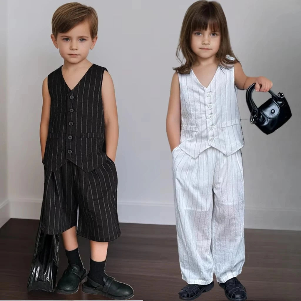 Kids White Vest Set Boys Girls Floral Decor V-Neck Waistcoat Shorts Pants Toddler Summer Formal Party Gentleman Casual Outfit