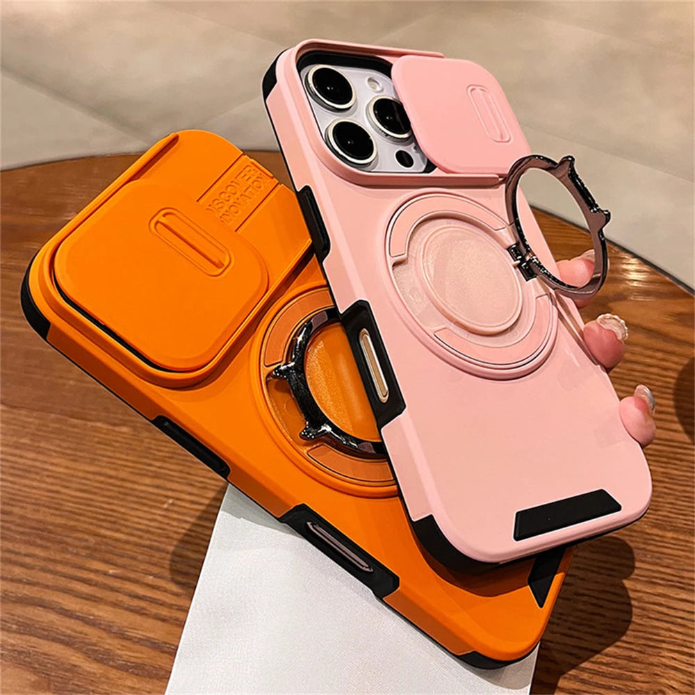 Luxury Slide Camera Lens Protection Magnetic Ring Holder Case For iPhone 17 Air 11 12 13 14 15 16 Pro Max Plus Shockproof Cover