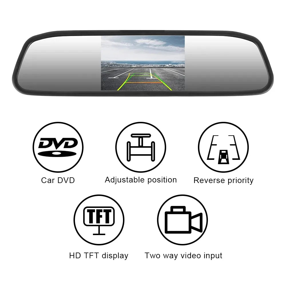 12V Car Player Interior Mirror Rear View Camera Parking Monitor 4.3 Inch Screen HD DVD Video Display PDC Parktronics Accessories