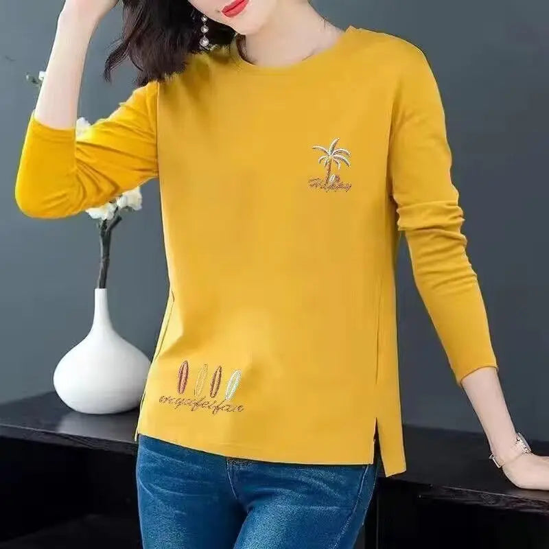 Women Korean Fashion Print Simple All Match T-shirt Spring Autumn Casual O Neck Irregular Tees Long Sleeve Loose Tops Ropa Mujer