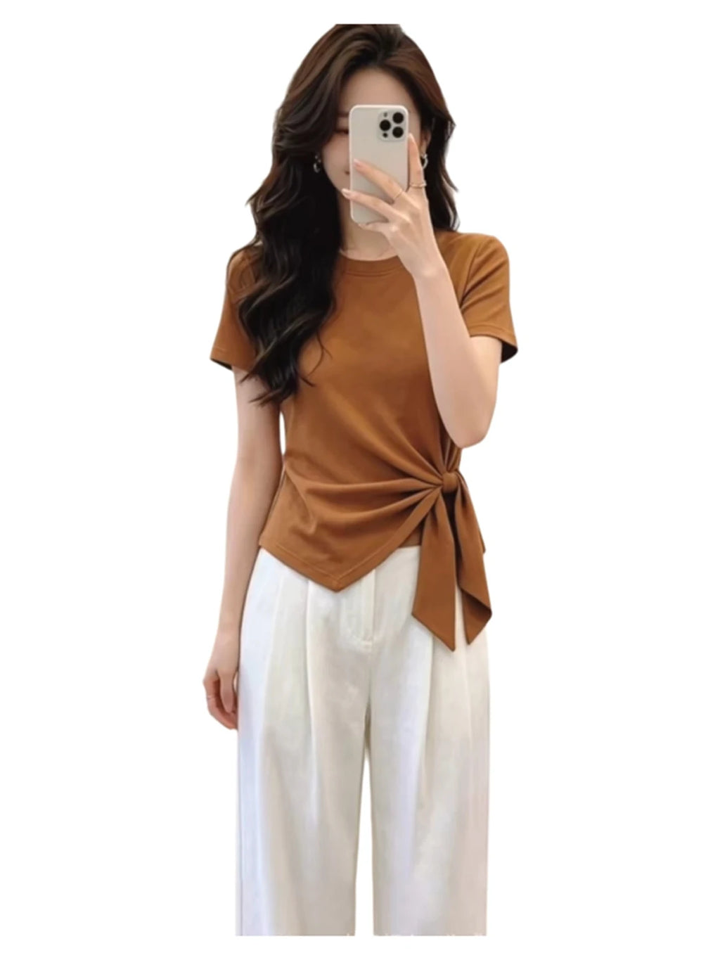 Pure Cotton Short Sleeve T-Shirt Women's Summer plus Size Slim Fit Irregular Belt Design Korean Style round Neck Top