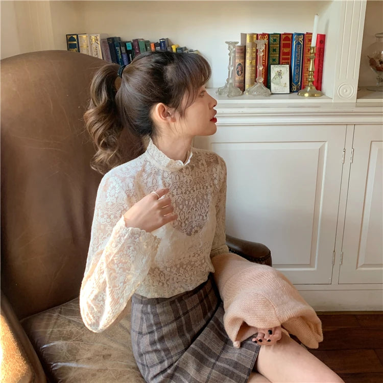 Elegant Long Sleeve Lace Base Shirt Women's Fashionable Inner Wear Premium Quality Comfortable Viscose Fabric Korean Style