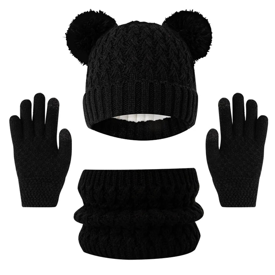3pc knitted hats, scarves and gloves for children, suitable for children aged 3-12 to keep warm outdoors in winter.