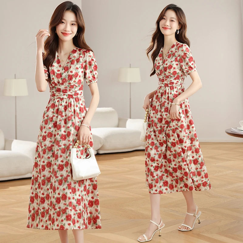 JiuMeiDai-Elegant A-Line V-Neck Dress for Women,  Red Floral Summer Robe, Vintage Designer Party Clothing, Office Lady
