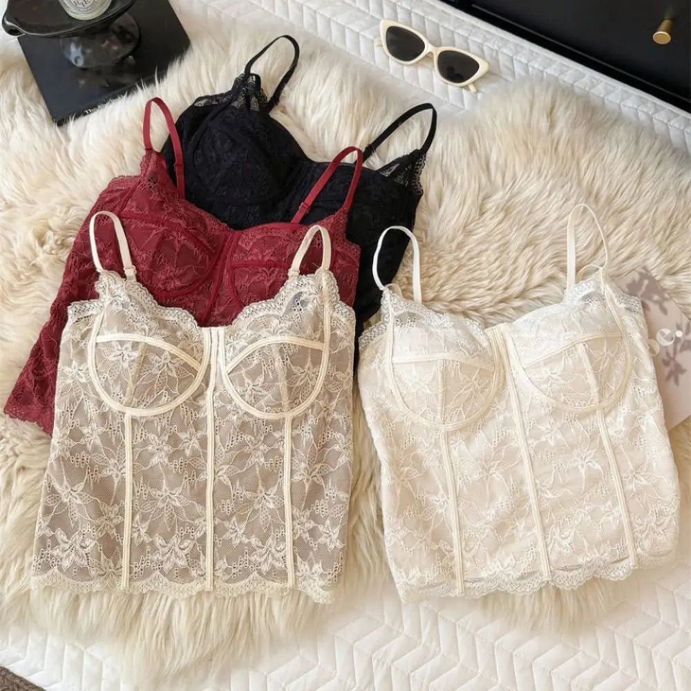 Chic Mesh Flower Slim Lace Crop Top Bottoming Shirt Sweet Girl's Vest Top Spicy Girls Style Summer Camisole with Pads Women