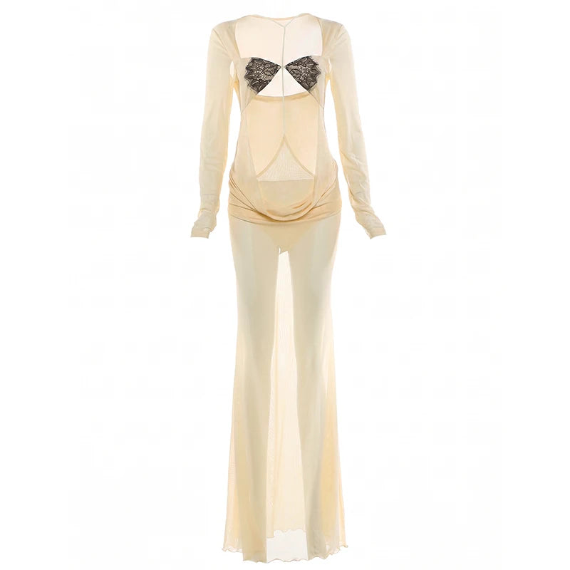 Weird Puss Sexy See through Dress Women Fashion Hollow Halter Lace Patchwork Full Sleeve Ruched Elegant Vacation Party Suits