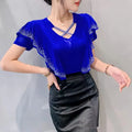 High Quality Summer Women's T-Shirt Fashion Casual V-NeckHollow Out Hot Diamonds Tees Female Ruffled Short Sleeved Mesh Tops