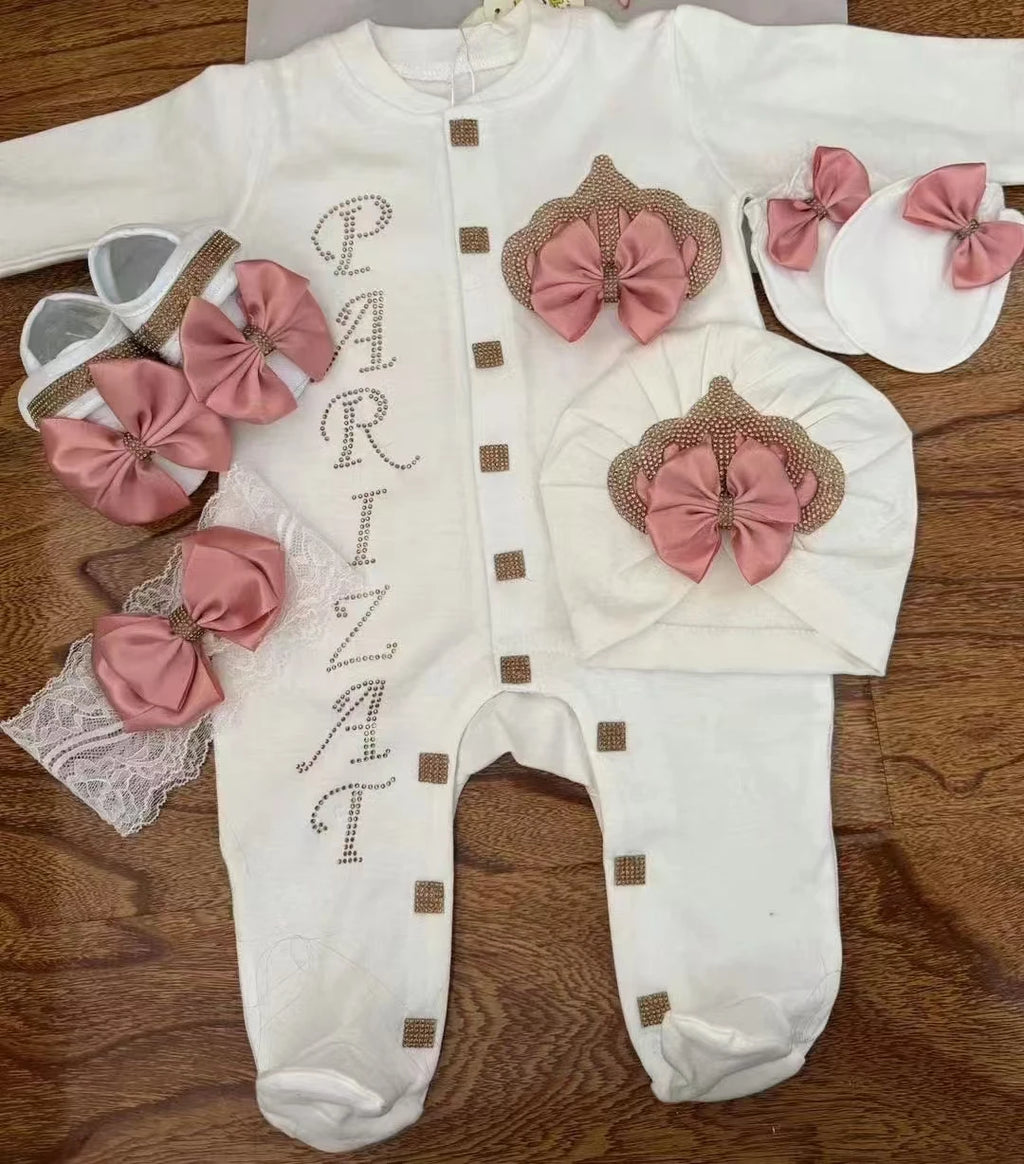 Dollbling Baptism Outfit Boy Prince Luxury Bling Christening Coming Home Romper Bonnet Set Mittens Nursery Hospital Clothing set