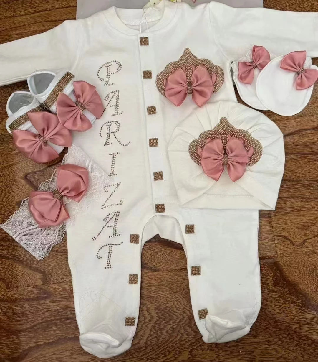 Dollbling Baptism Outfit Boy Prince Luxury Bling Christening Coming Home Romper Bonnet Set Mittens Nursery Hospital Clothing set
