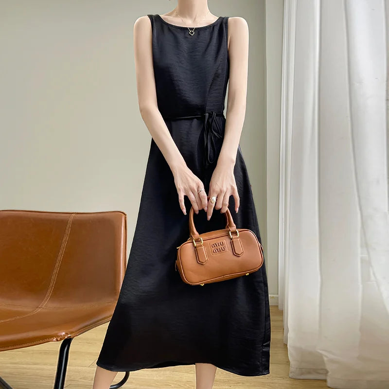 Summer 2024 Women's Sleeveless Vest Dress Korean Style Acetate Satin Long Skirt with Belt Tea Break Method Slimming Gown