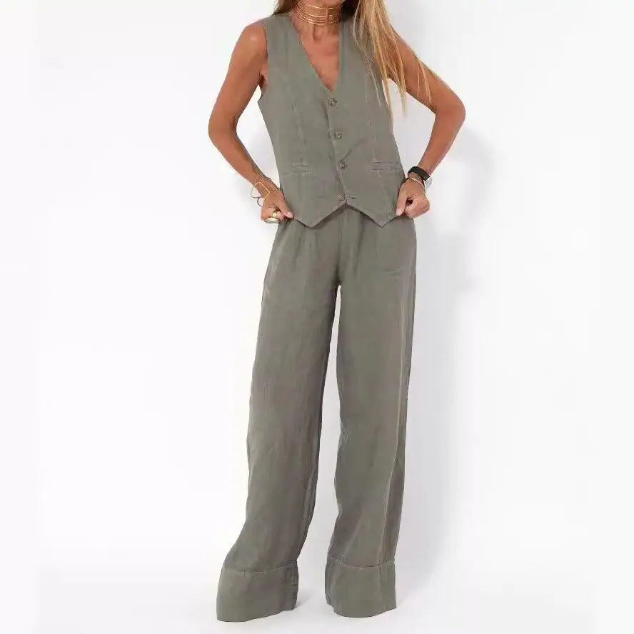 Fashionable Patchwork Cotton Linen Vest Wide Leg Pants Two Piece Set 2025 Spring Commute Style  Color Women's Suit