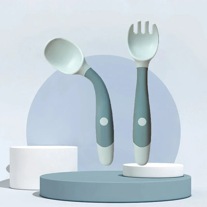 Baby Fork and Spoon Set Soft Silicone Handle Bendable Toddler Utensils Training Tableware Self Feeding Tools for Infants Kids