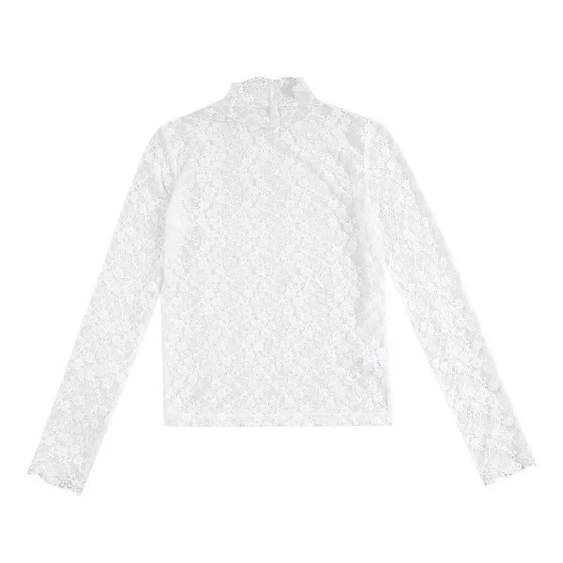 Women's Lace Base Shirt Hollow out Long Sleeve Half High Collar Mesh Top Fashionable Commute Style Korean Version White Color