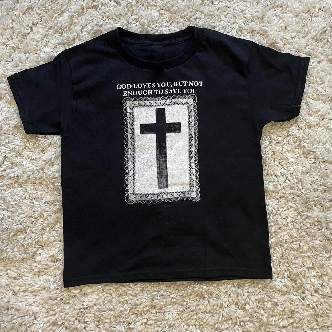 Y2K Fashion Emo Girl Streetwear Harajuku Goth Short Sleeve T-shirts Black Crop Tops Slim 2000s Punk Print Cute Graphic Baby Tees