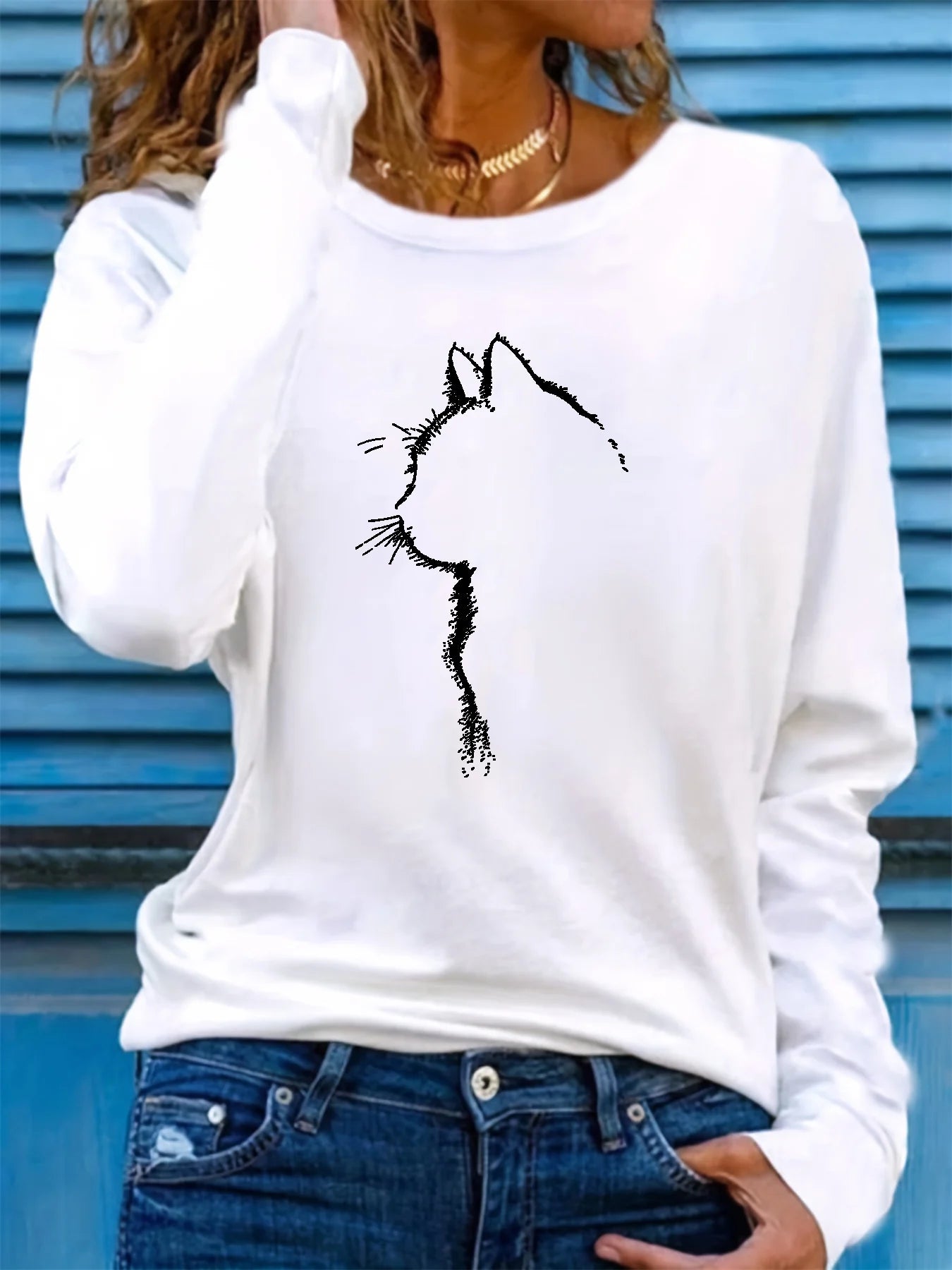 100% pure cotton women's spring and autumn comfortable casual long sleeved cat graphic printed round neck T-shirt