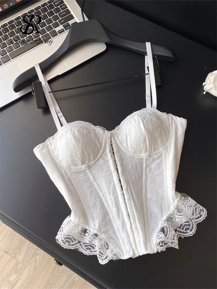 SINGREINY Embroidery Lingerie Corset Top Ladies Strap Lace Up Shapwear Flirty Camisole French Lace Ruffles Hotsweet Tank Top