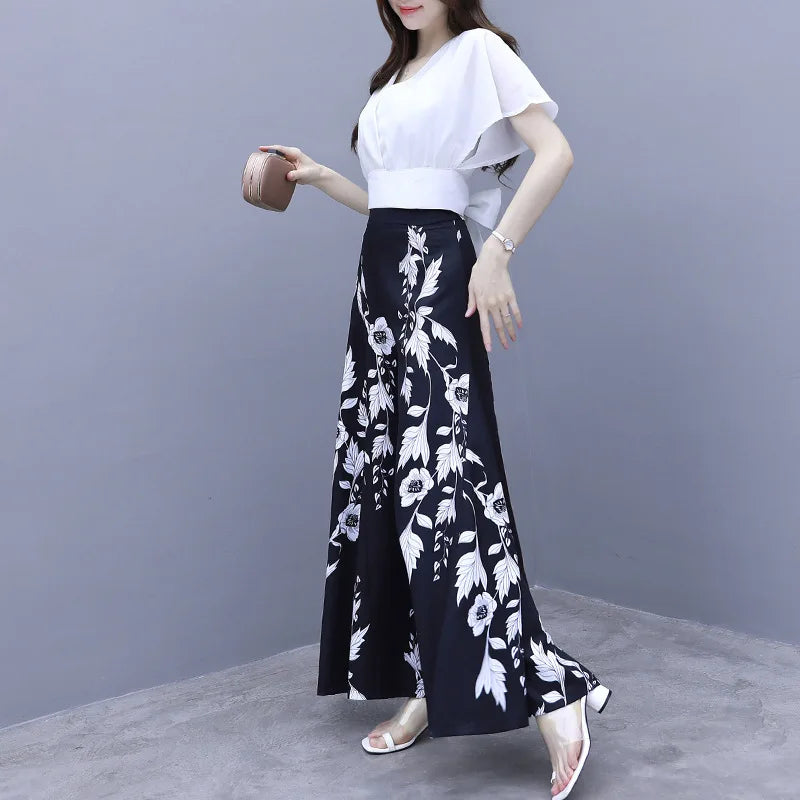2024 Summer Commuting Fashion Loose Versatile Chiffon Solid Short Sleeved High Waist Wide Leg Printed Panel Women's Flare Pants