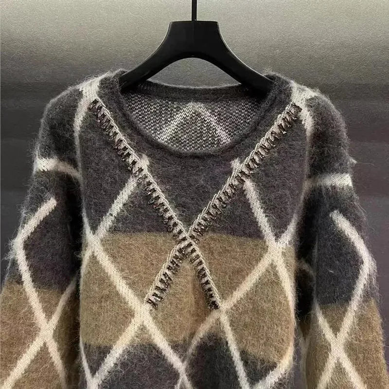 Fashion Color Matching Rhombus Square Knitting Bottoming Shirt Women New Classic Long Sleeve O-collar Loose Sweaters Lady Top