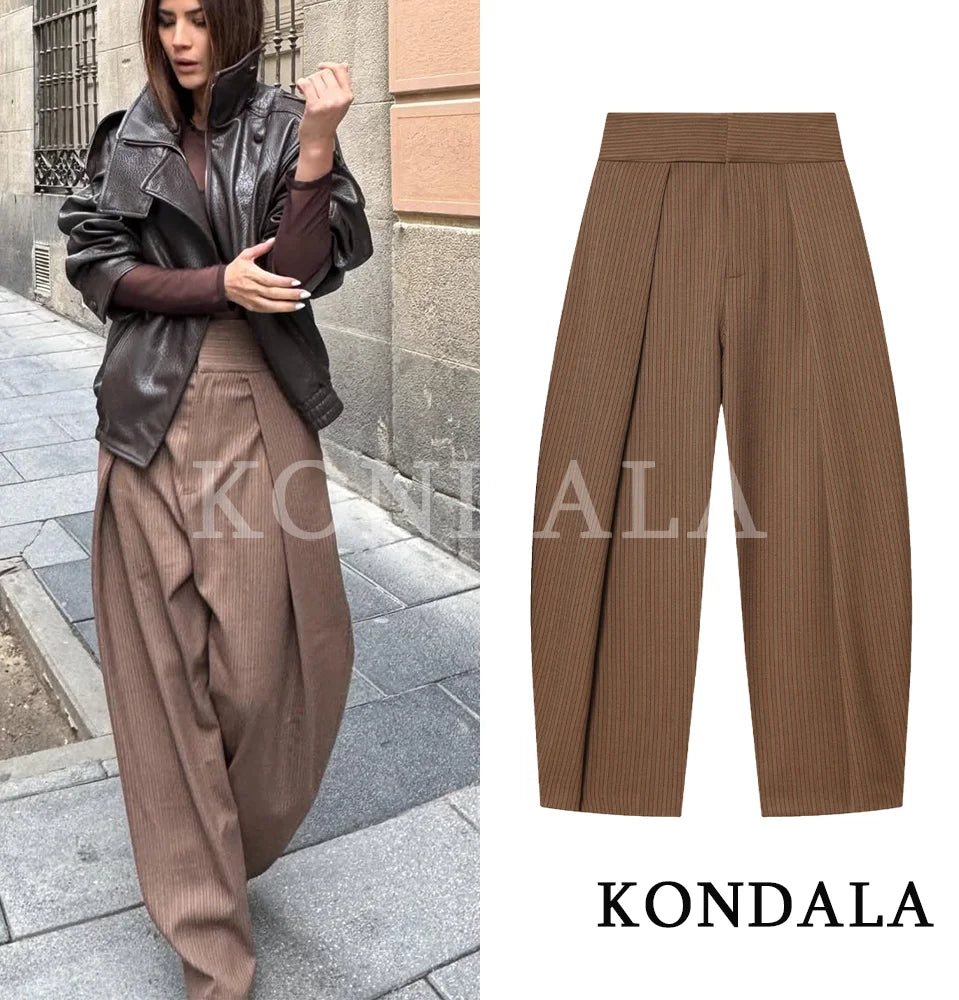 KONDALA Commute High Street Balloon Pants Women Trendy Casual Pleated Trousers 2026 Spring Summer Office Lady Vintage Long Pants
