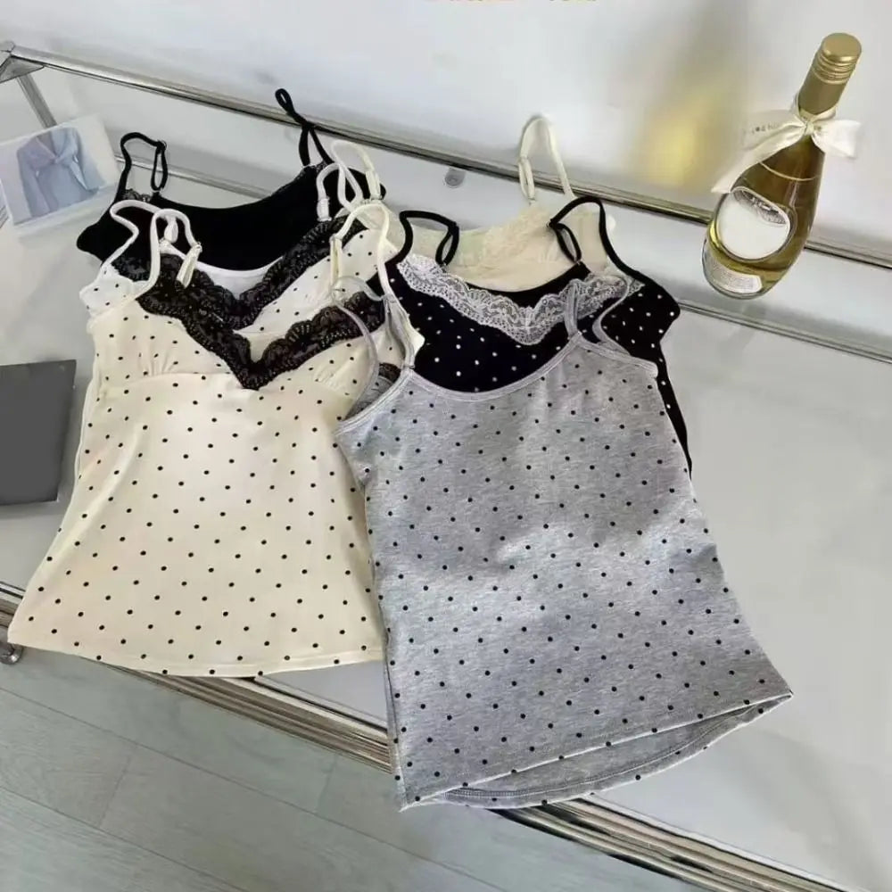 Lace Ruffled Dots Sling Vest Top Sleeveless Bottoming Shirt Camisole with Pads Tank Spicy Girl Style Y2K Slim Crop Top Summer
