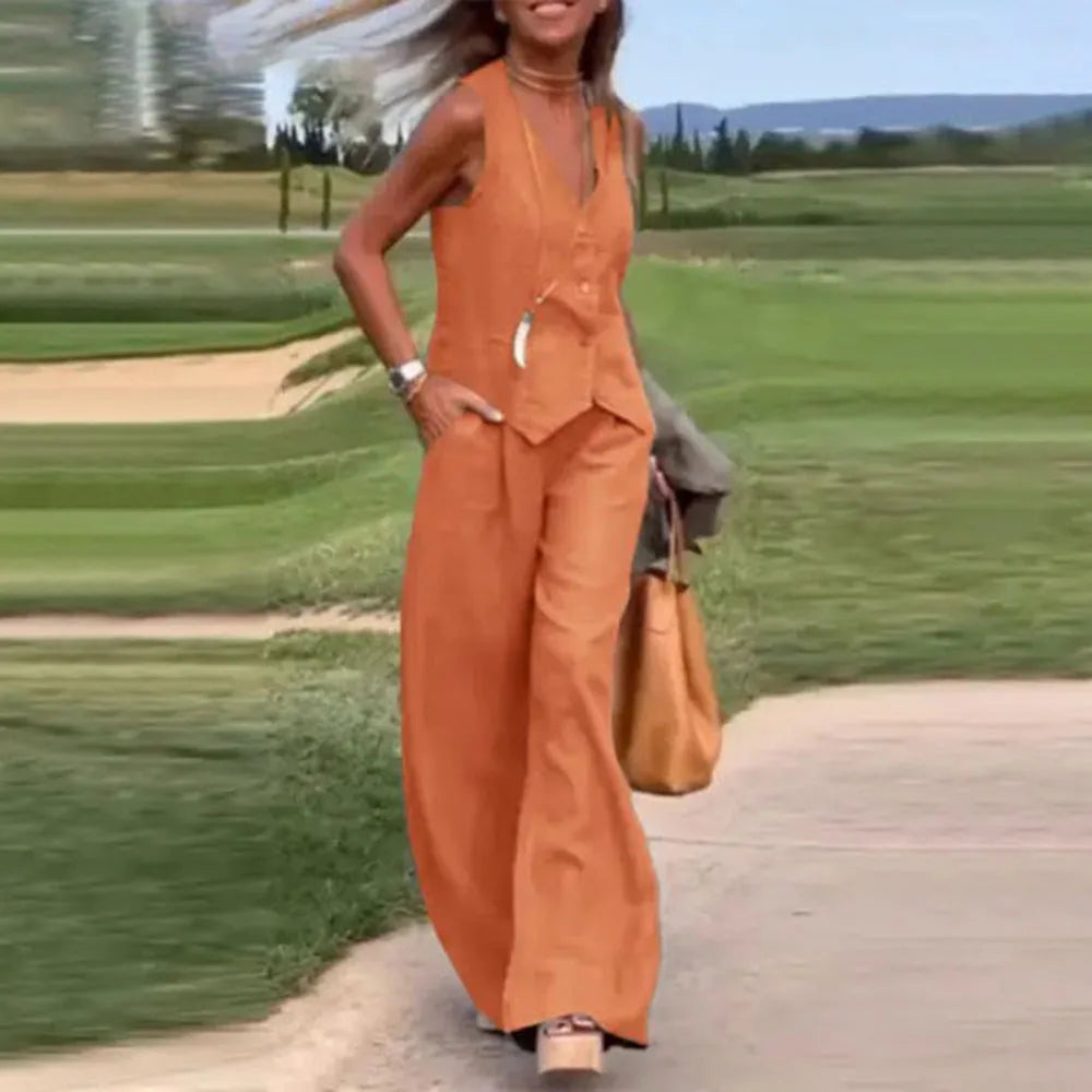 Casual Tank And Wide Leg Pant Sets 2 Piece Sets Women Outfit Summer Elegant Solid Cotton Linen Tops Trousers Suit Femme