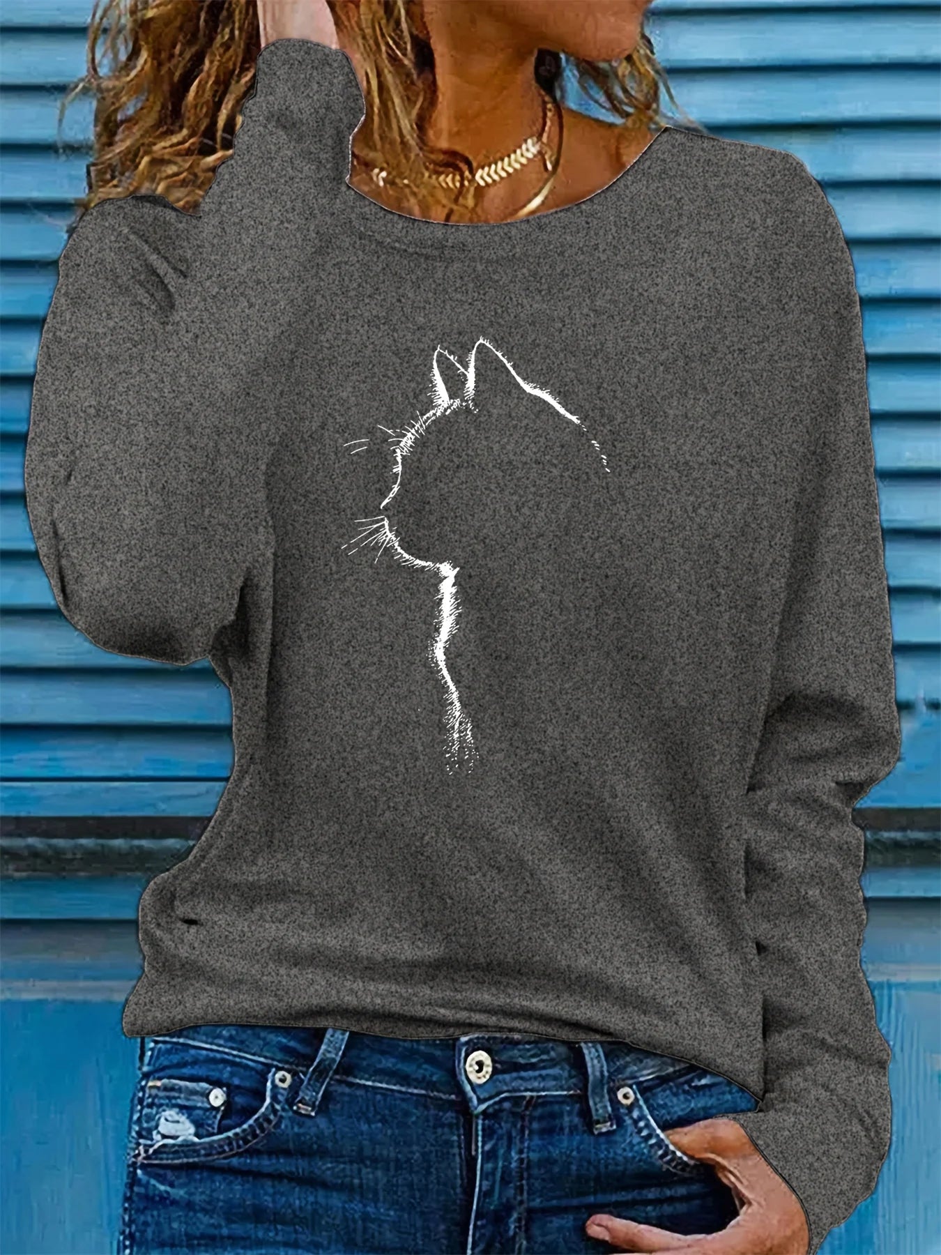 100% pure cotton women's spring and autumn comfortable casual long sleeved cat graphic printed round neck T-shirt