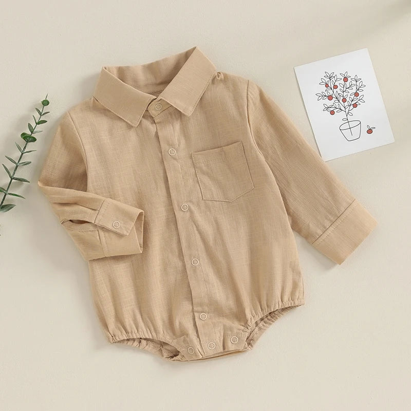 2023-08-16 Lioraitiin 0-24M Newborn Baby Boy Cotton Linen Shirt Romper Solid Long Sleeve Lapel Button Down Jumpsuit Clothes
